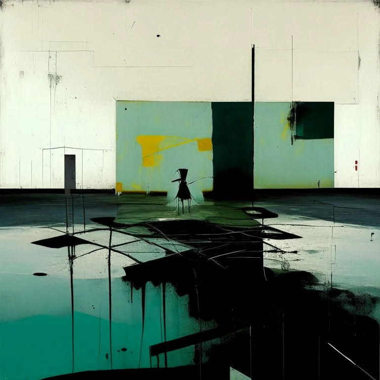 Minimal contemporary abstract oil paintings of desolate 1960s carpark with road markings and concrete fragments. Overlay with grungy typography graphics. style of Justin Mortimer and Francis Bacon.