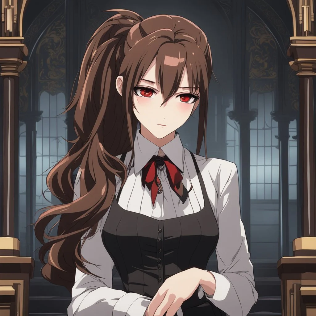 An Arrogant-Looking Young Woman With Pale Skin, Red Eyes, And Long Brown Hair Pulled Up In A Single, Straight Ponytail. She Is In The Mafia. An Air Of Malevolent Power Surrounds Her. Anime Style, High Definition, Greg Rutkowski, 8k Resolution, Intricate Details