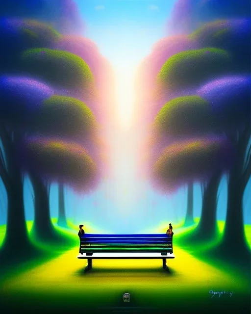 park mystical dream, park bench, man, woman, child, dog, trees, path, bird, sunshine, mystical, fantasy, romanticism, pastel colors, daylight, daytime, acrylic painting, detailed, soft focus,