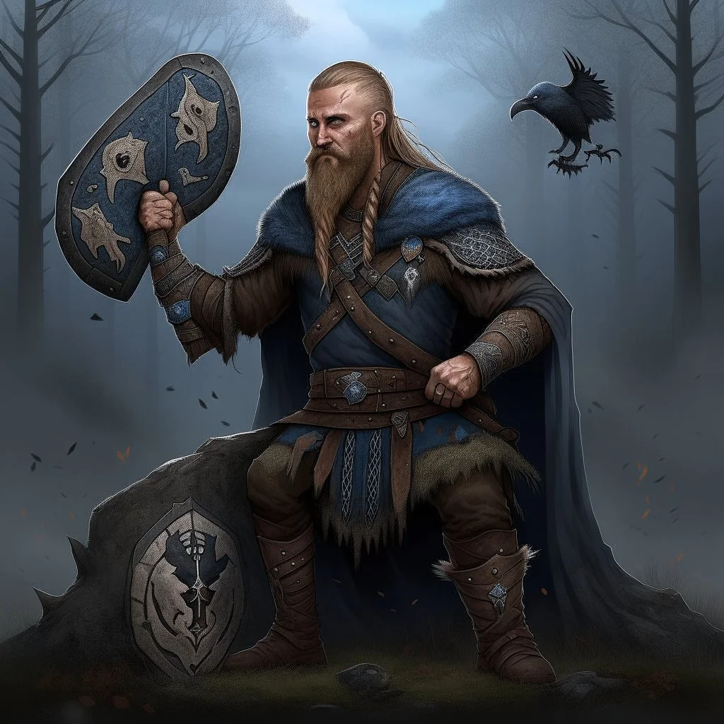 European pagan art with nature and runes and ravens and swedish flag and realistic viking warrior with an axe