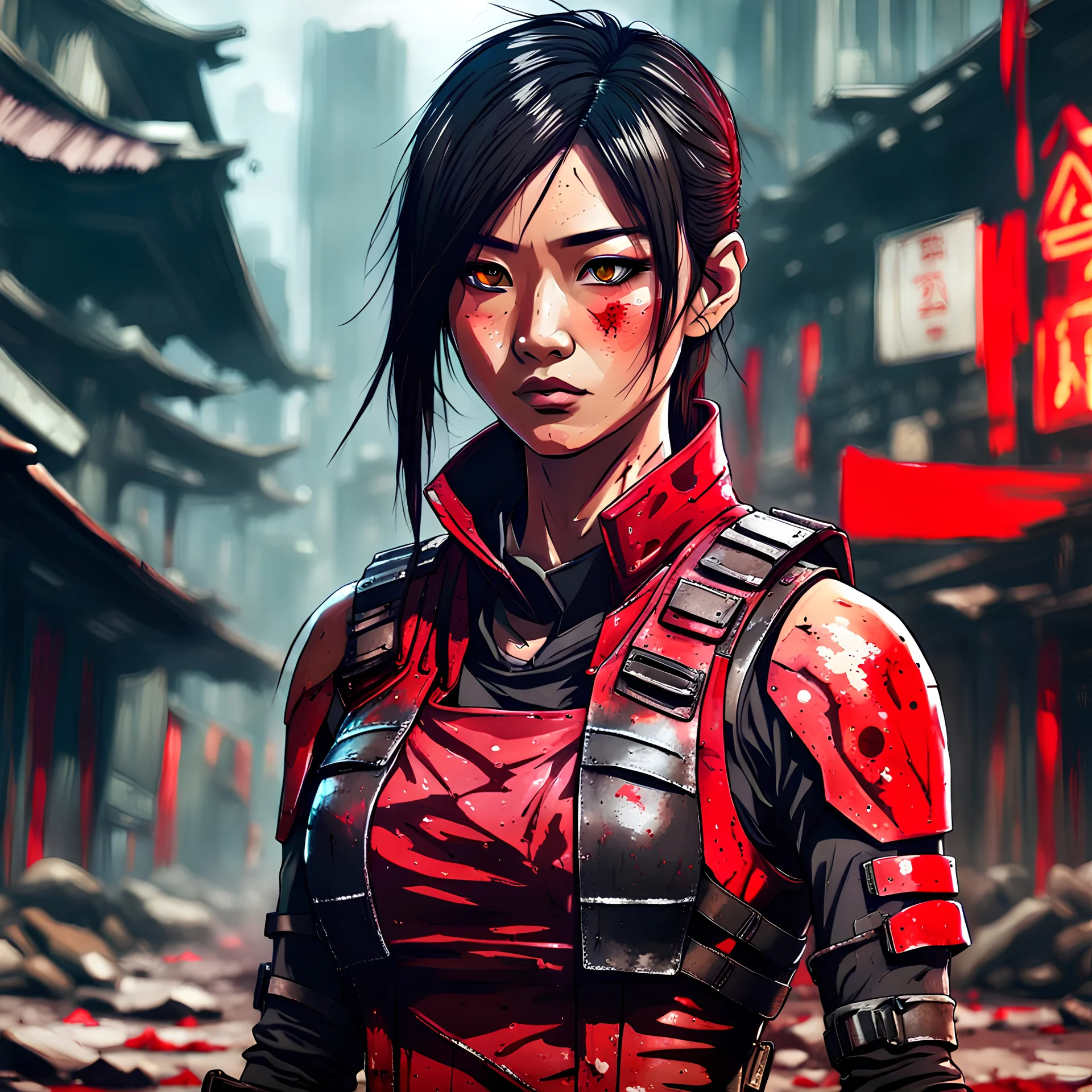 Futuristic battle-scarred blood-stained but optimistic Vietnamese female assassin, sly half-smile, red and black bulletproof vest, post-apocalyptic background, anime style