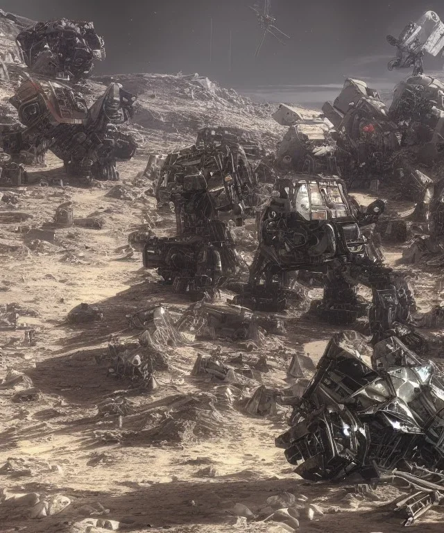 Crashed photorealistic futuristic destroyed mechanical mechwarrior abandoned wreckage in old blast crater on the lunar surface