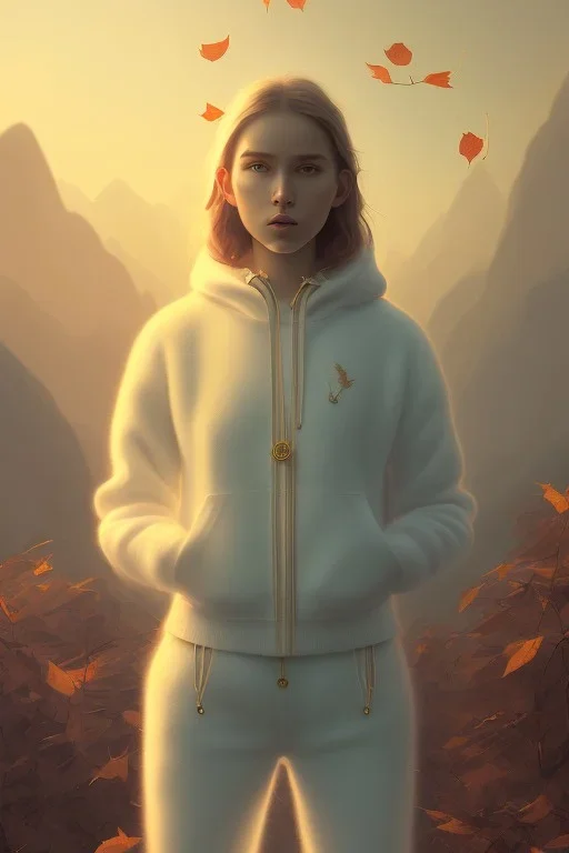 neanderthal portrait , white jogging suite, at dawn by atey ghailan, golden light , holding leaves and flowers , angels background, volumetric light, high detail, red leaf tree, mountains in background, perfect