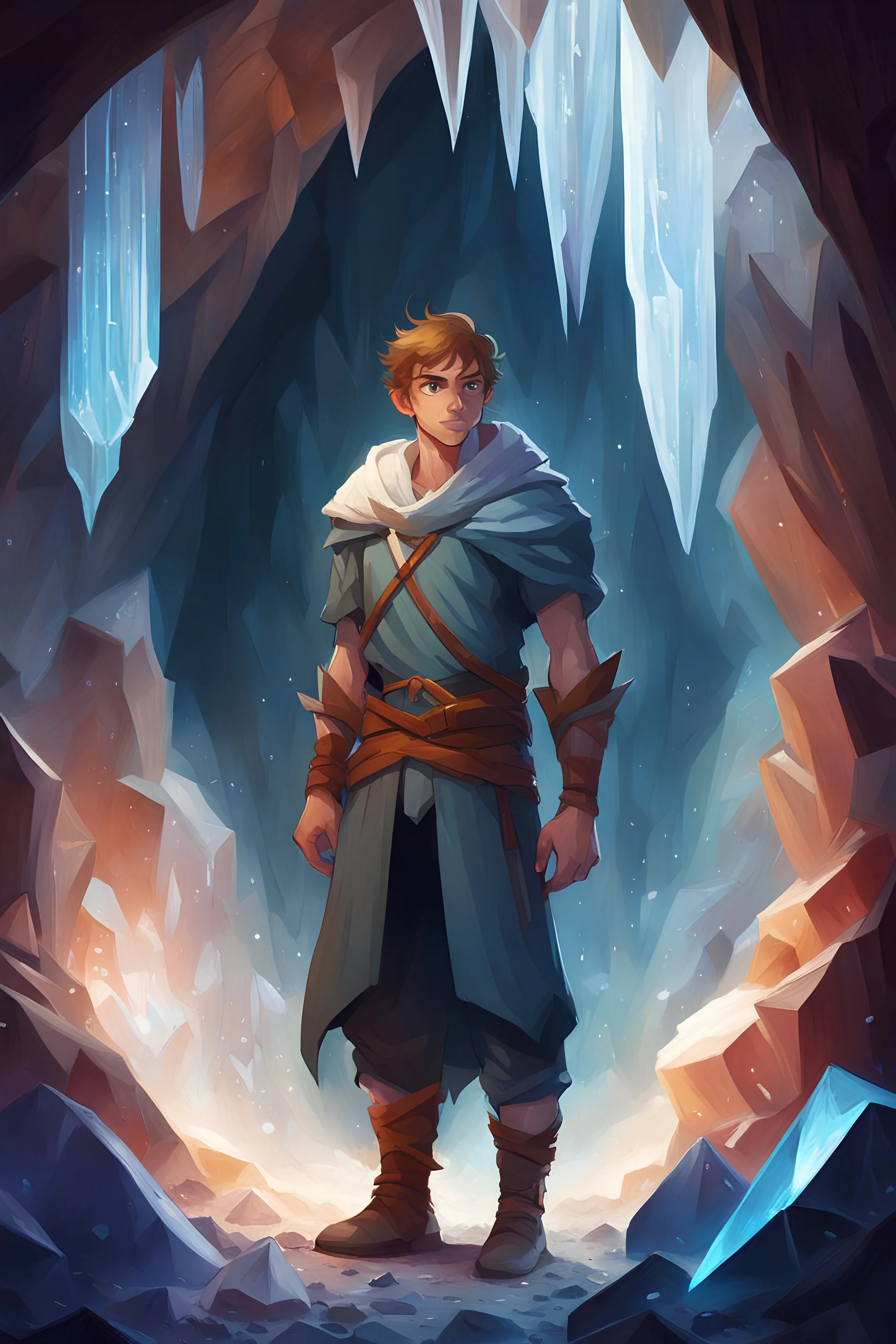 hero in a Cave of the Crystals stylized Finnian MacManus