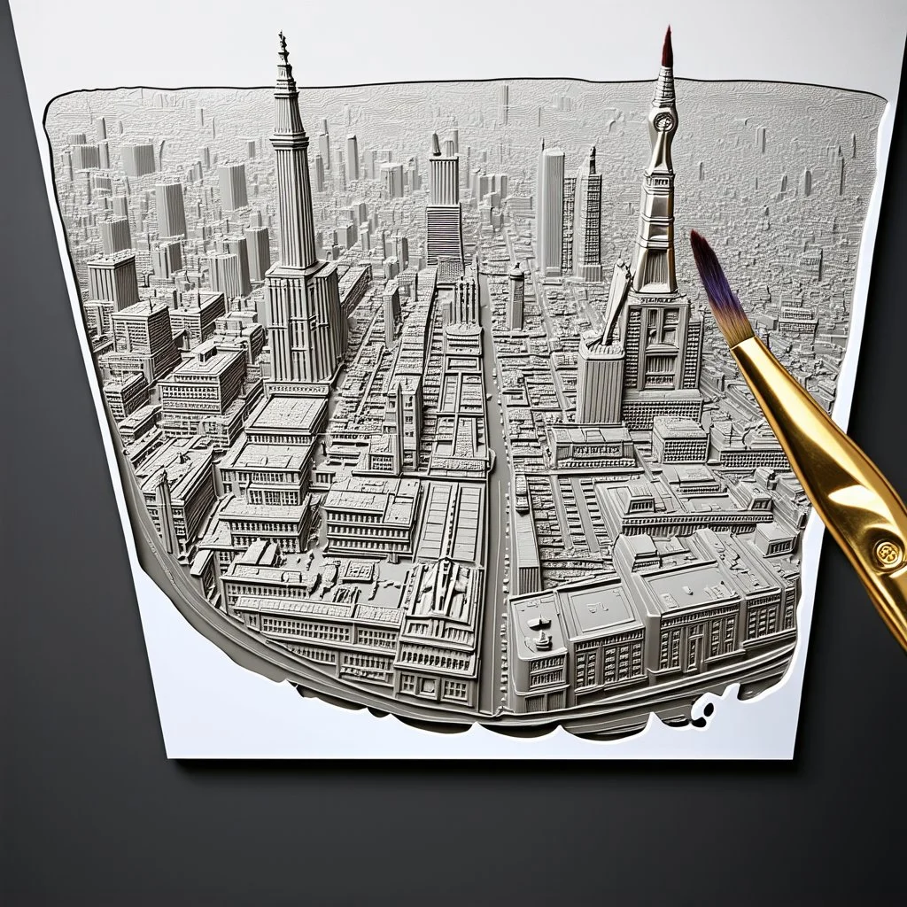 A single paintbrush, captured mid-motion, sweeps a refined curve from the lower left to the upper right of the composition. Within this dynamic brushstroke exists a miniature world of London, rendered as an ultra-detailed 3D bas-relief city sculpted entirely from layered paint. Inside the stroke: Iconic London landmarks, architecture, and urban rhythms are arranged into a cohesive miniature metropolis, with realistic depth, scale, and subtle relief emerging from the paint. Style: Impasto oil pai