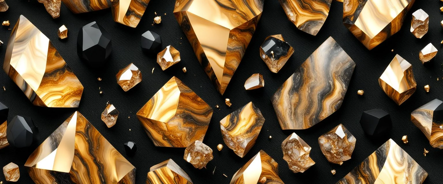 Hyper Realistic Golden Marble Crystals with Black-Wool-Royal-Background.