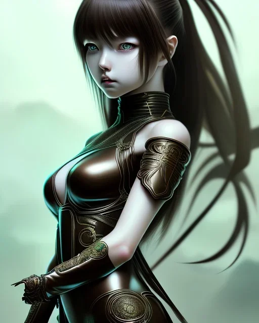 Detailed anime Kunoichi girl, long brown hair, green eyes, black latex bodysuit, intricate details, portrait, keep head in frame, slight smile, black Japanese motif, concept art, highly detailed, digital painting, concept art, sharp focus, illustration, art by Yoji Shinkawa, WLOP and greg rutkowski and alphonse mucha and artgerm and yanjun Chen and Junji ito and Makoto Shinkai, HDR, octane render