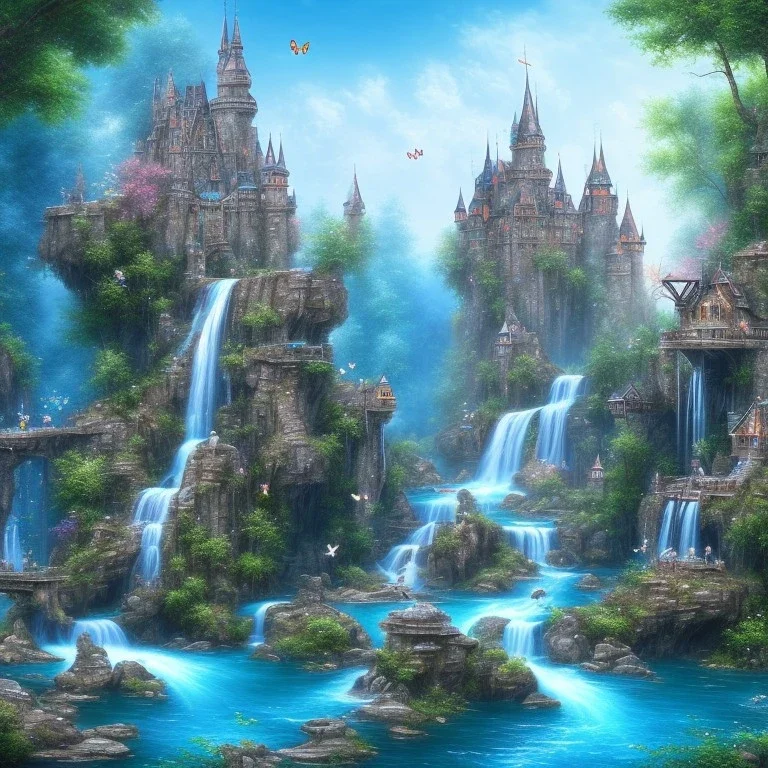 butterflies, turquoise river, waterfalls, blue airy castle