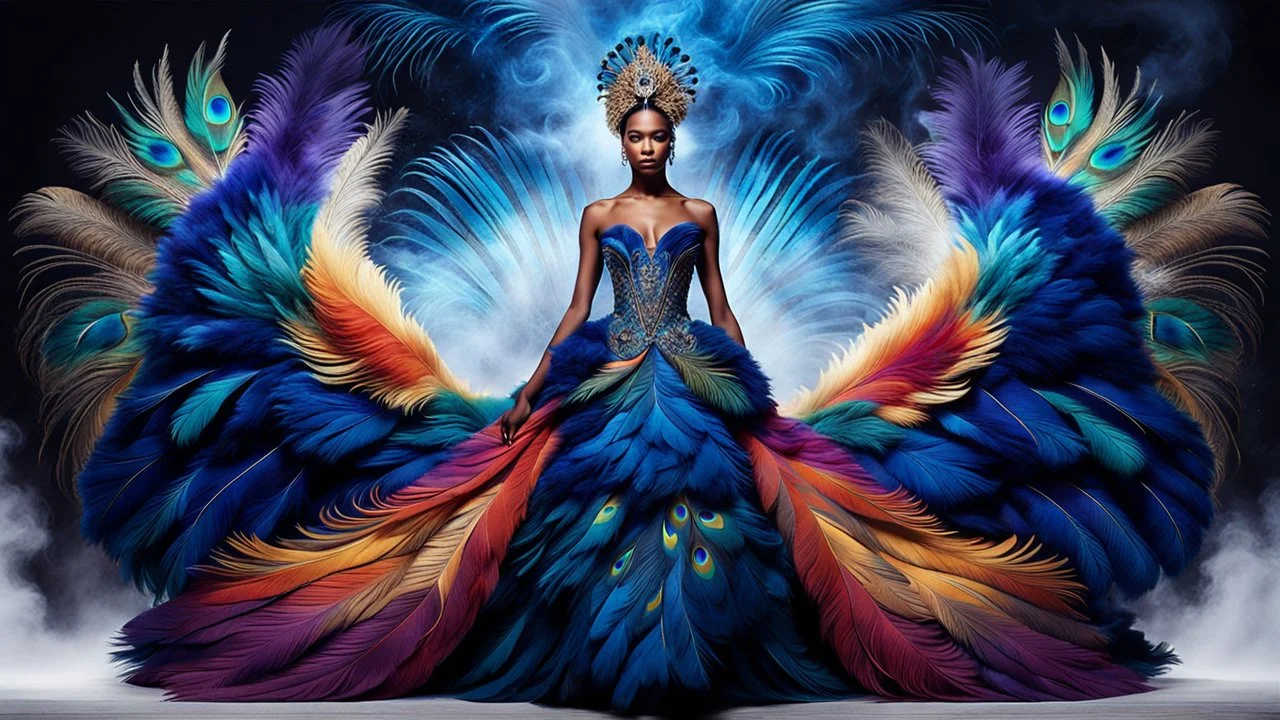 A striking cinematic illustration of a bird-like fashion model wearing a captivating, long dress crafted from an array of vibrant bird feathers, including peacock plumes. The dress showcases a harmonious blend of colors, with intricate details and sharp focus on the model's form. The scene is set on a surreal landscape with runway, illuminated by volumetric lights and little white smoke. The model's pose exudes confidence and elegance, as if she is the embodiment of avian fashion.