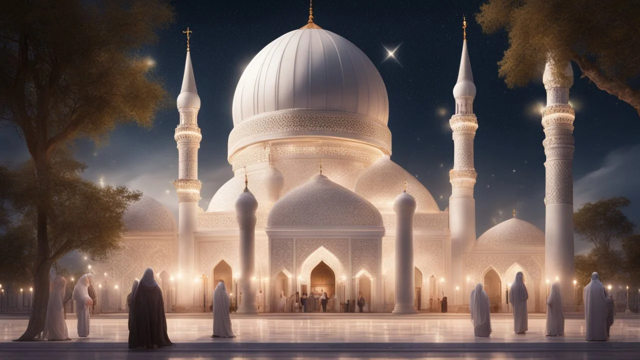 Hyper Realistic people worshiping outside Beautiful-Grand-Brown-Decorated-Mosque with white-marble-fences & Beautiful-Lightings-Decorations at night with stars on sky & beautiful trees