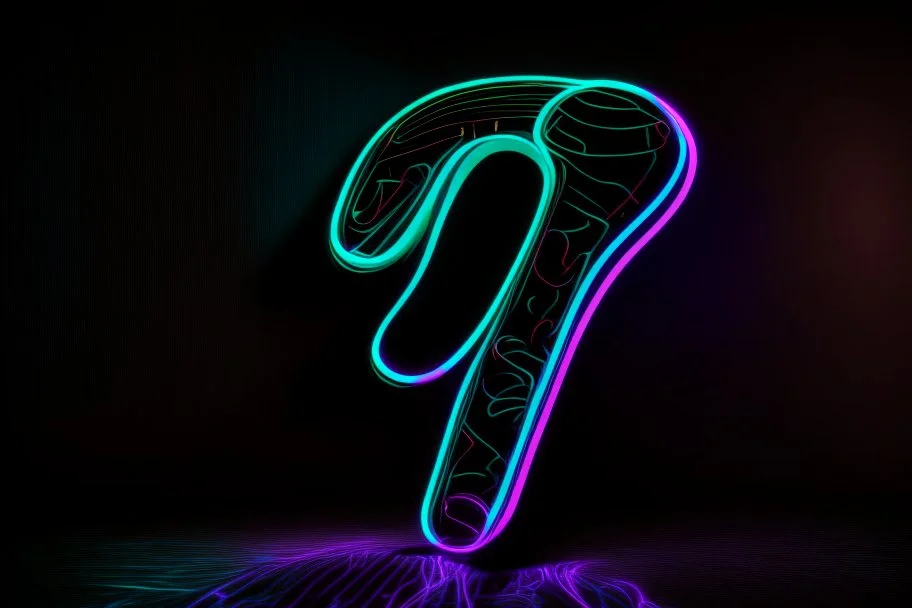 black background, outlines of a holographic question mark drawn from thin neon-coloured glowing lines