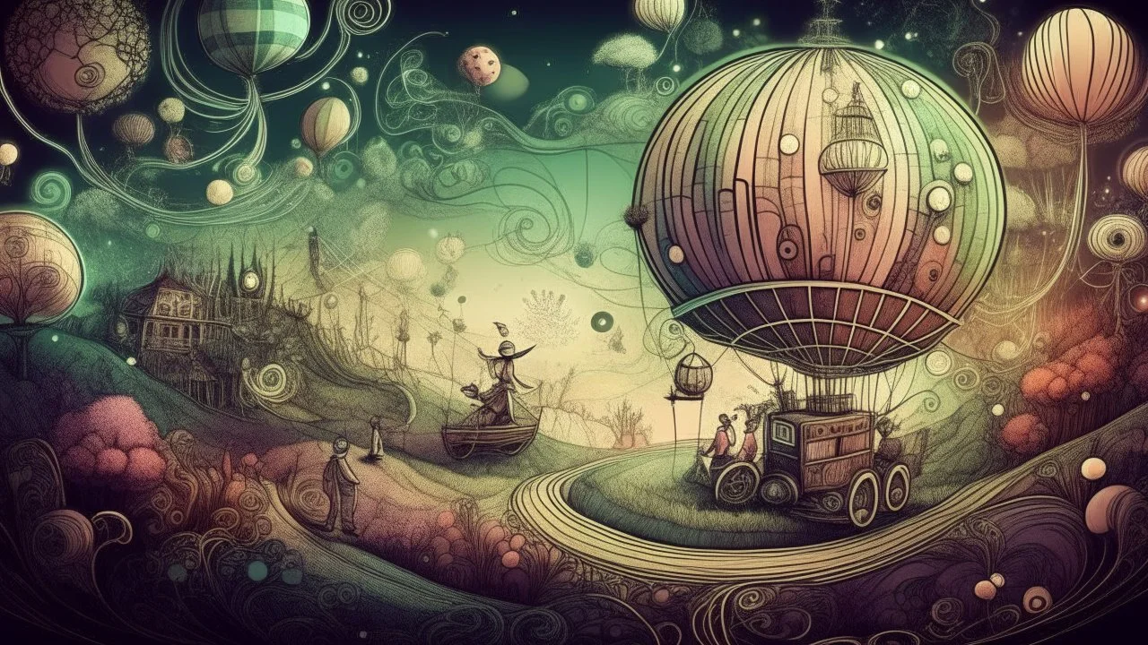 Vibrant digital illustration portraying a whimsical, fantastical world where the laws of physics are challenged, drawing the audience into a realm of boundless possibilities., stained vignette, highly detailed found footage, desaturated faded film, film skratches and dust