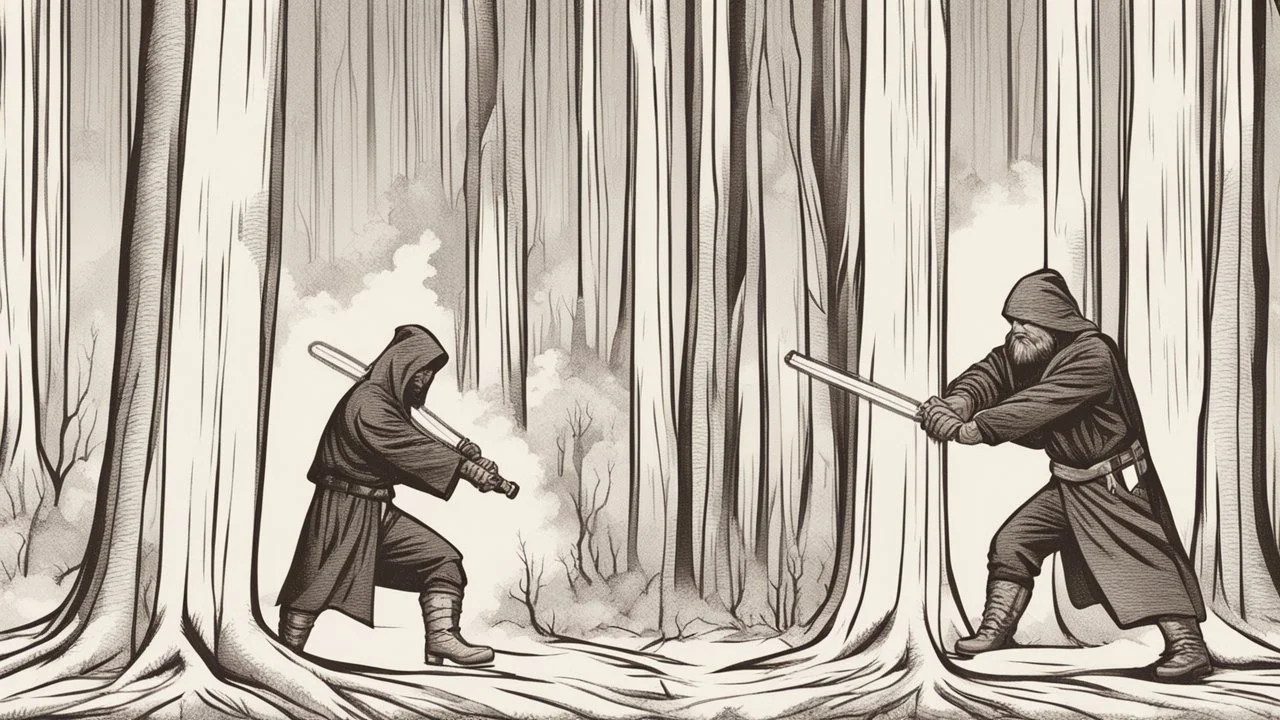 Jedi lumberjack cutting tree using lightsaber