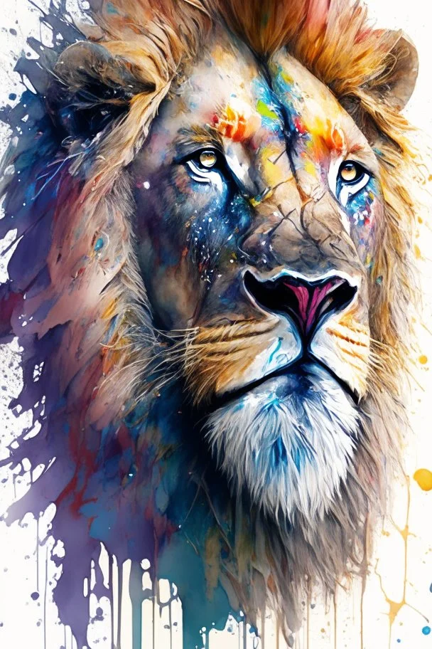 "lion", clean design, art station, splash of colorful paint, contour, ((solid white background)), gazing into camera, hyperdetailed intricately detailed, unreal engine, fantastical, intricate detail, splash screen, complementary colors, fantasy concept art, 8k resolution, DeviantArt masterpiece, watercolor, paint dripping