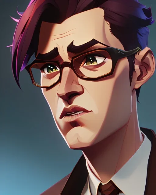 man in round glasses, wavy hair, slim, tie, two tone colours, detailed, realistic, handsome, square jaw, big brows, bird on the shoulder, spotlight