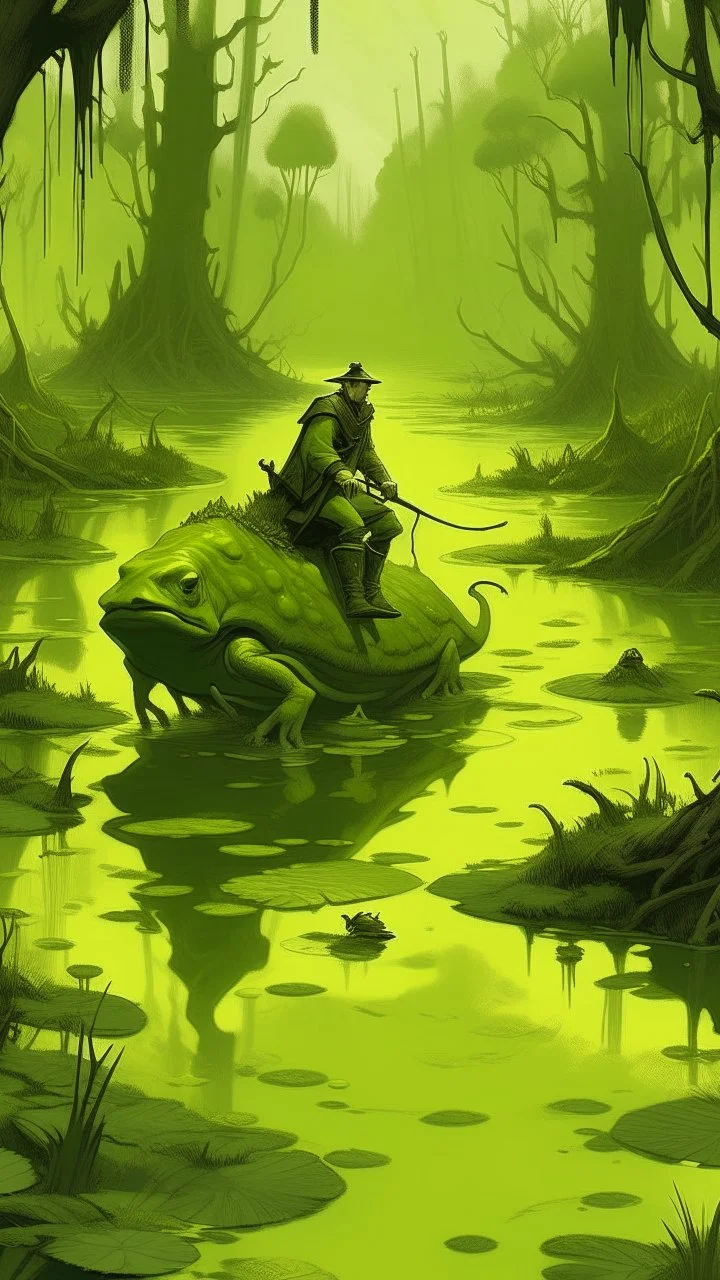 A light yellowish dark green swamp with bugs in daylight painted, a man riding on a back of a frog