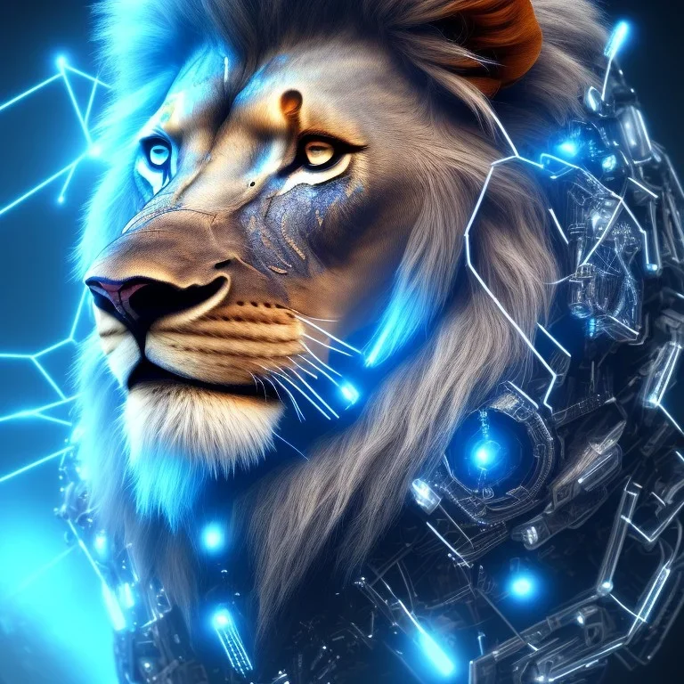 a lion face made with cyber punk elements with blue diamonds and cables from head to body, high detail, photo, kybernetic, 8k, ray-tracing