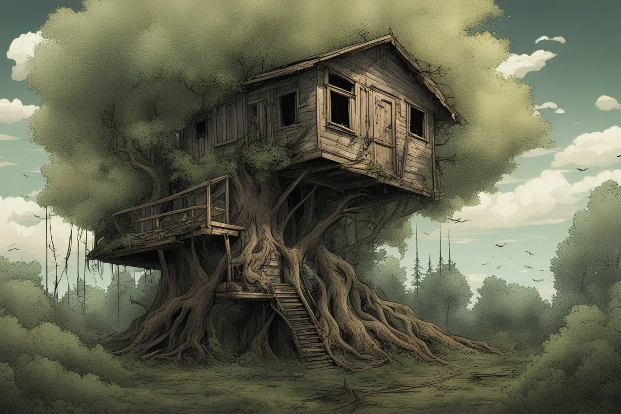 tree house , overgrown apocalyptic background, comic book,