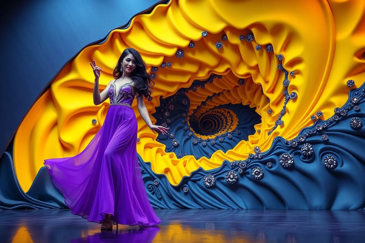 modern stage with gray-dark yellow blueish violet theme artistic decoration , color full dynamic lighting, a beautiful lady in maxi dress with shining silver jewels,curvy long hair dancing, 3D recursive fractal structure animating background