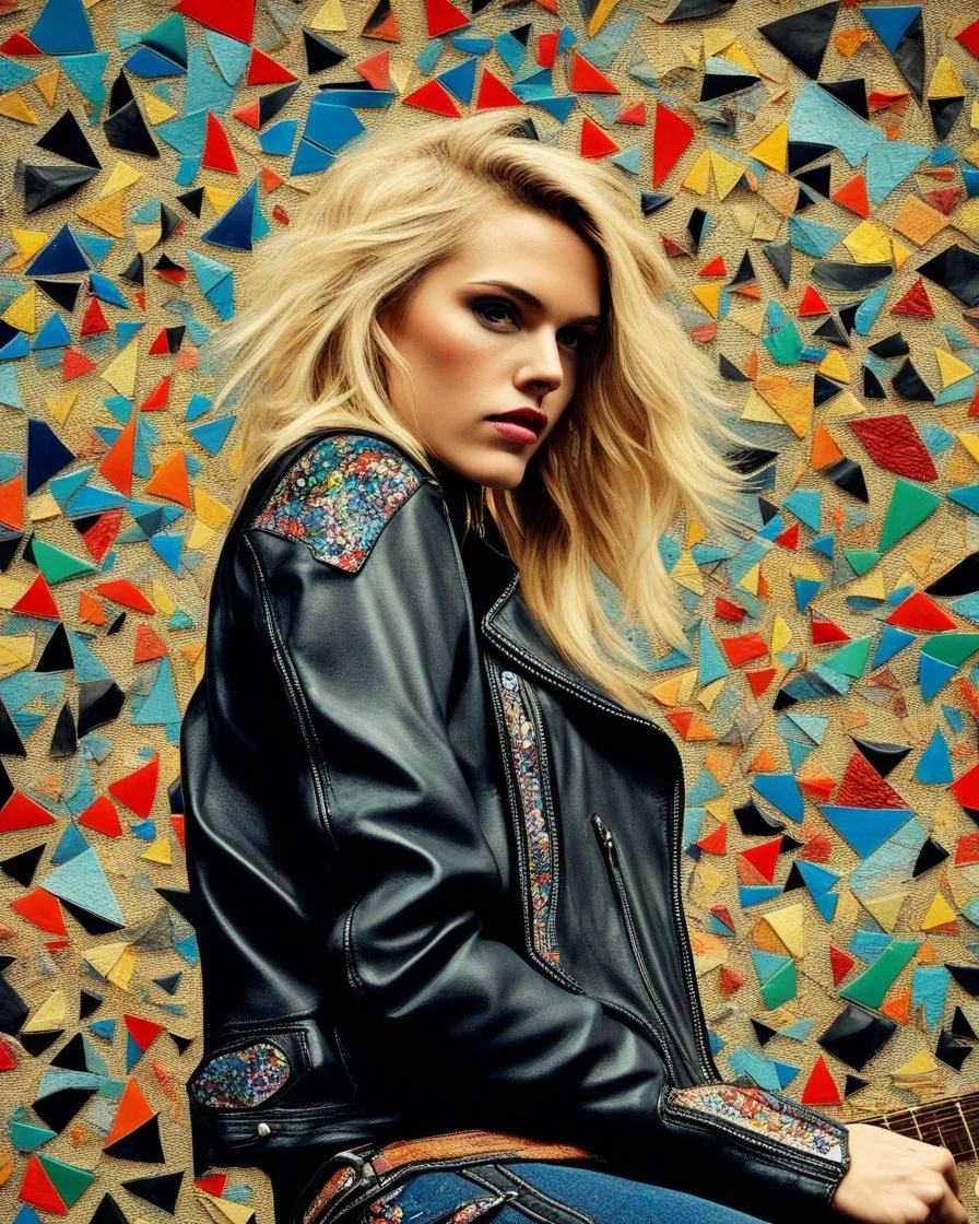 "Midnight Serenade unique" low view angle shot down village road , large close up a beautiful young blonde woman wearing a cool black leather jacket like rocker style and holding a guitar, granite terrazzo motifs with puzzle modern clothing is decorated with colorful filigree abstract, Collage chutes papiers magazines,Spirograph background by Nisa Kiley, Textile Artist