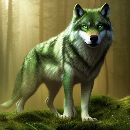 Green Wolf, red eyes, 8K, cinematic lighting, sharp focus, masterpiece, expert