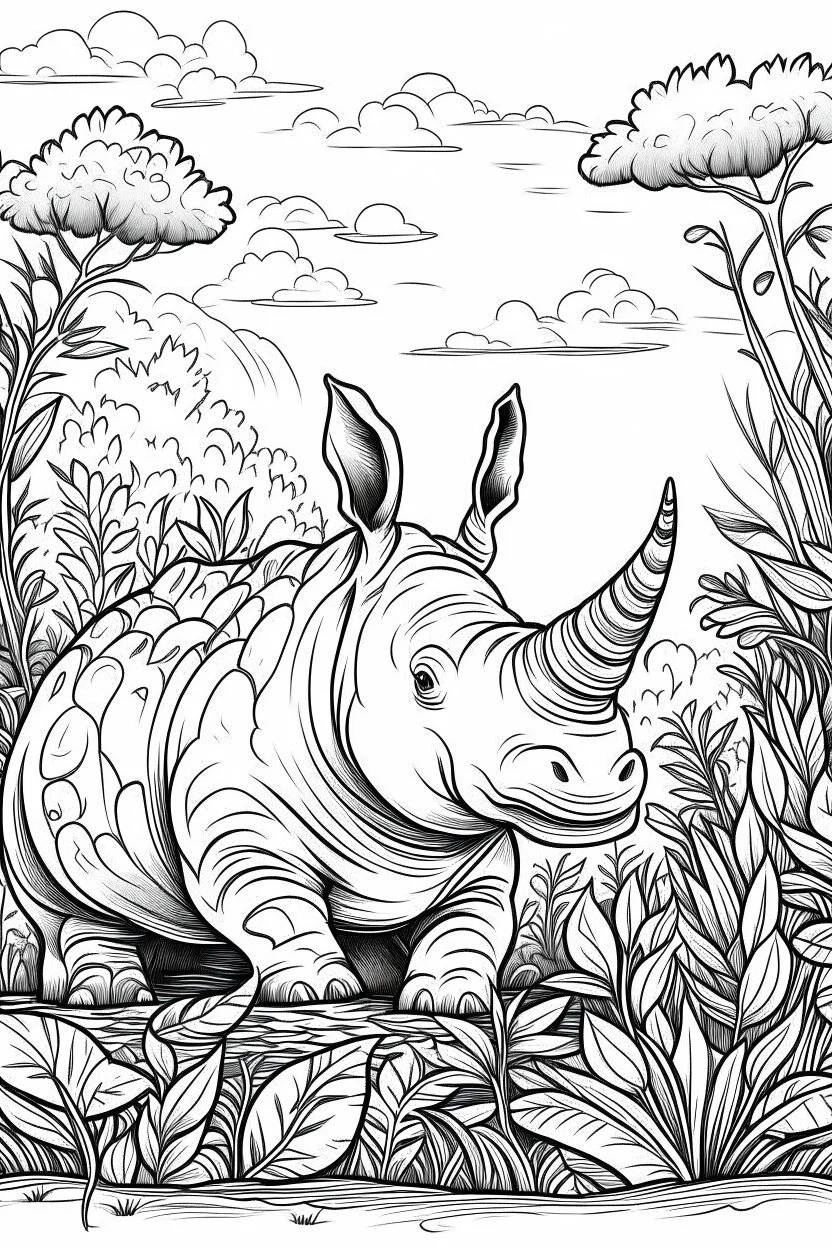 Outline art, Rhinoceros in the garden, cartoon style, black and white, low detail, no shading, --ar 9:11