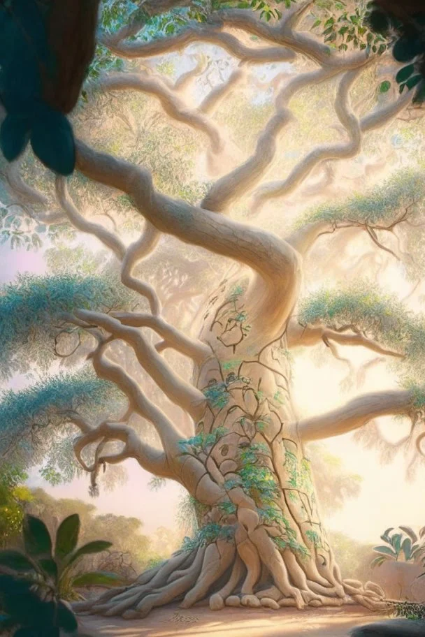 Potrait tree of life in disney animal kingdom.,peaceful atmosphere, generasi tle morning light, soft pastel color