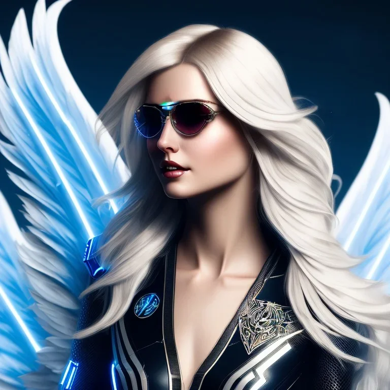 A beautiful portrait of a cute smiling cyberpunk woman with wings, long blond haire, high key lighting, volumetric light high details with white stripes and feathers and blue celtic paterns and glasses