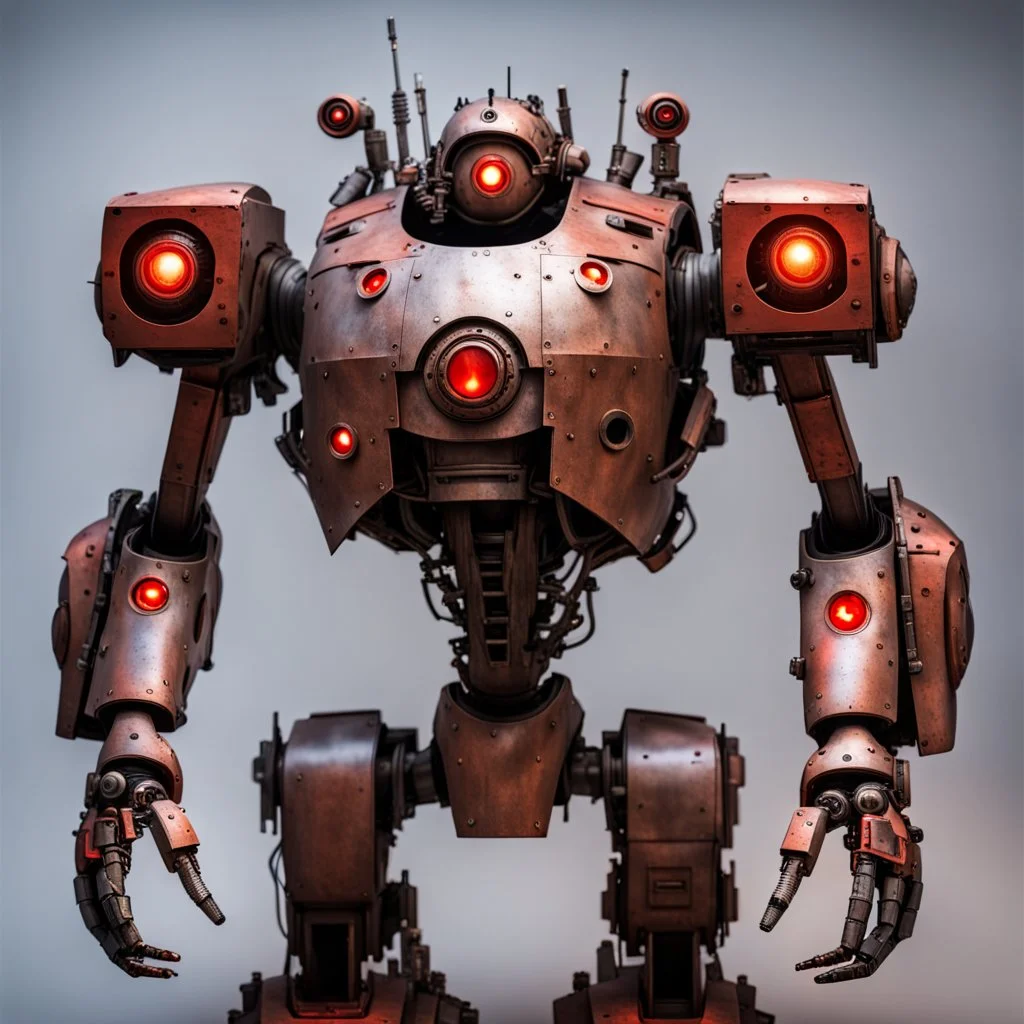 trash mech suit, human-sized, made of scrap metal, small, cockpit, light rust, round, red glowing eye