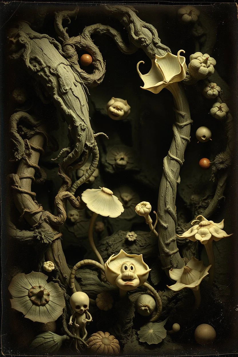 A daguerreotype-style close-up image of a surreal background inspired by Hieronymus Bosch and Max Ernst, featuring twisted organic forms, decaying botanical elements, and strange vegetal growths that seem to pulse with unnatural life. The entire scene is bathed in soft, ambient lighting that creates an otherworldly atmosphere, with areas of deep shadow contrasting against the pale, spectral glow of the figures.