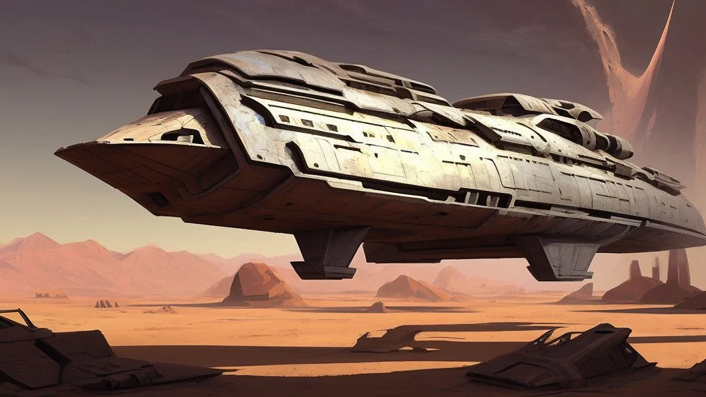 large spaceship in a desert near a ruined town