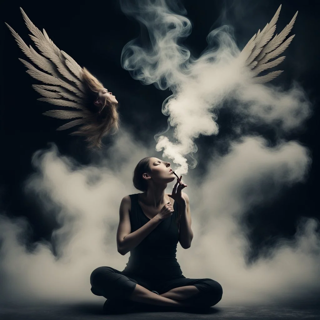 woman sitting forward Her face upward and blows cigarette smoke from their mouth upward. a figure with wings emerging from its back. behind the clouds of smoke look death. dark and mysterious