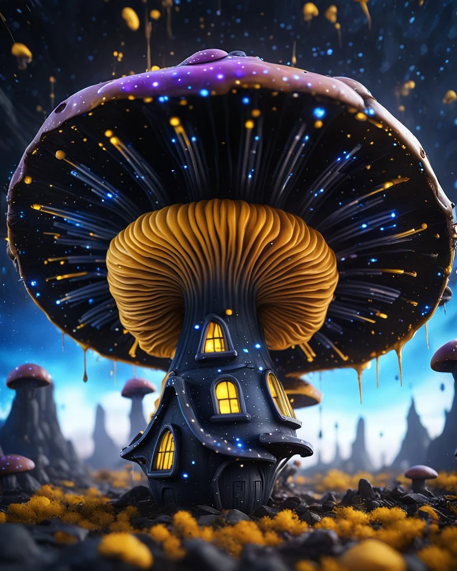 A weird floating mushroom house in galactic space. black blue yellow and white, Dark cosmic interstellar. Detailed Matte Painting, deep color, fantastical, intricate detail, splash screen, hyperdetailed, insane depth, concept art, 8k resolution, trending on Artstation, Unreal Engine 5, color depth, backlit, splash art, dramatic, High Quality Whimsical Fun Imaginative unusual, good composition