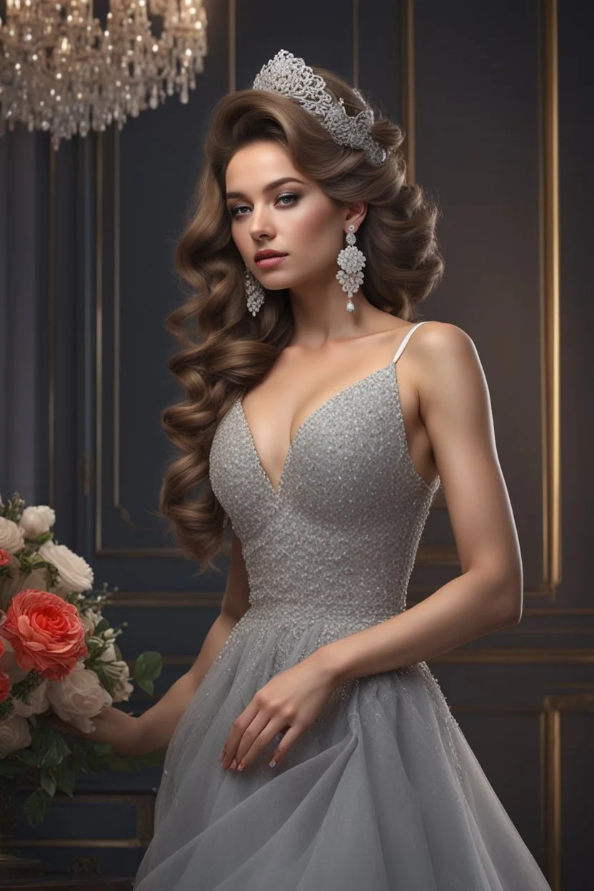 full body woman, from Russian Federation , elegant dress, elegant curled hair , 19 years old ,earring, no make up,8k, Candid avant garde portrait, charming woman, wearing Lovely Flower Diamond Pendant, octane render 3d, plastic material