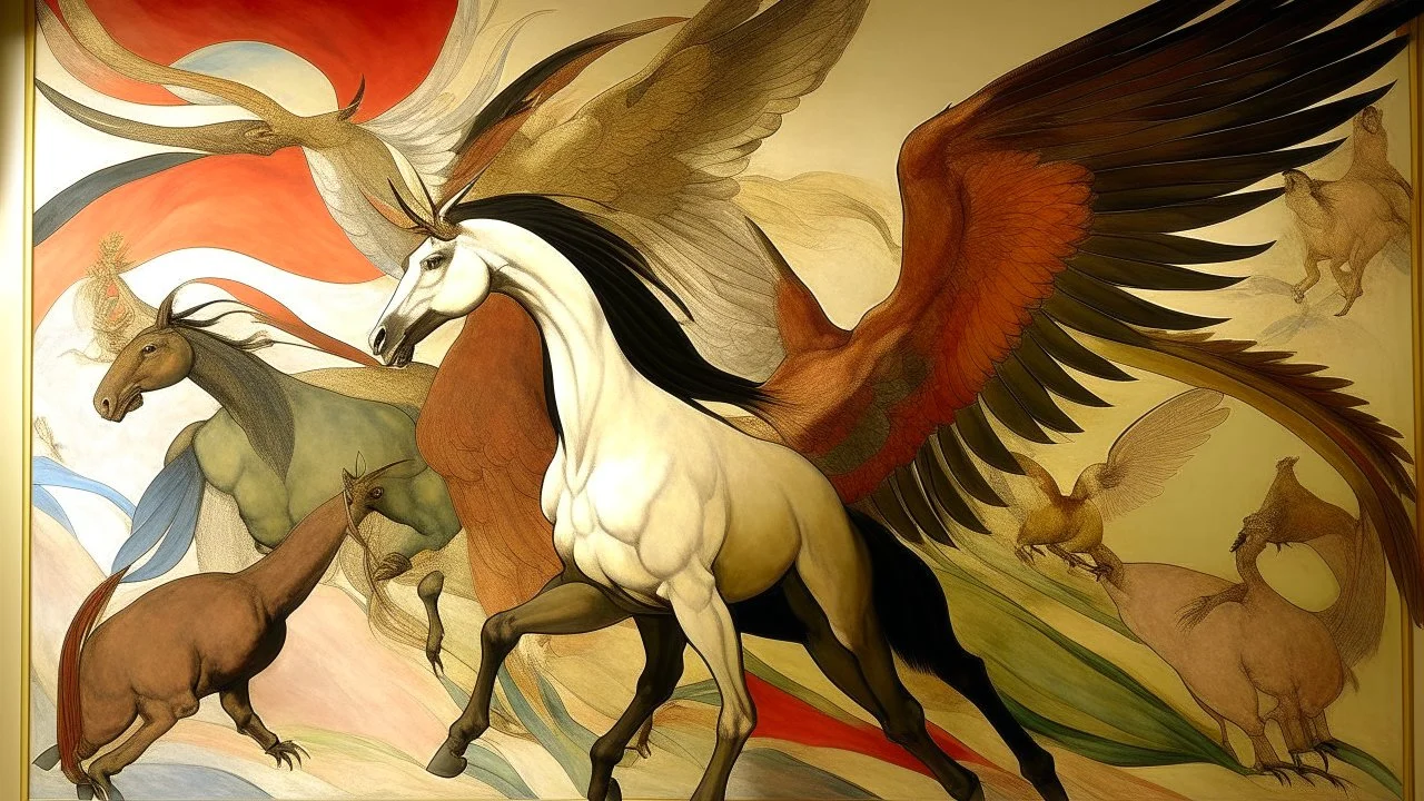 A pinkish brown dominion with winged unicorns designed in African pottery painted by Edgar Degas