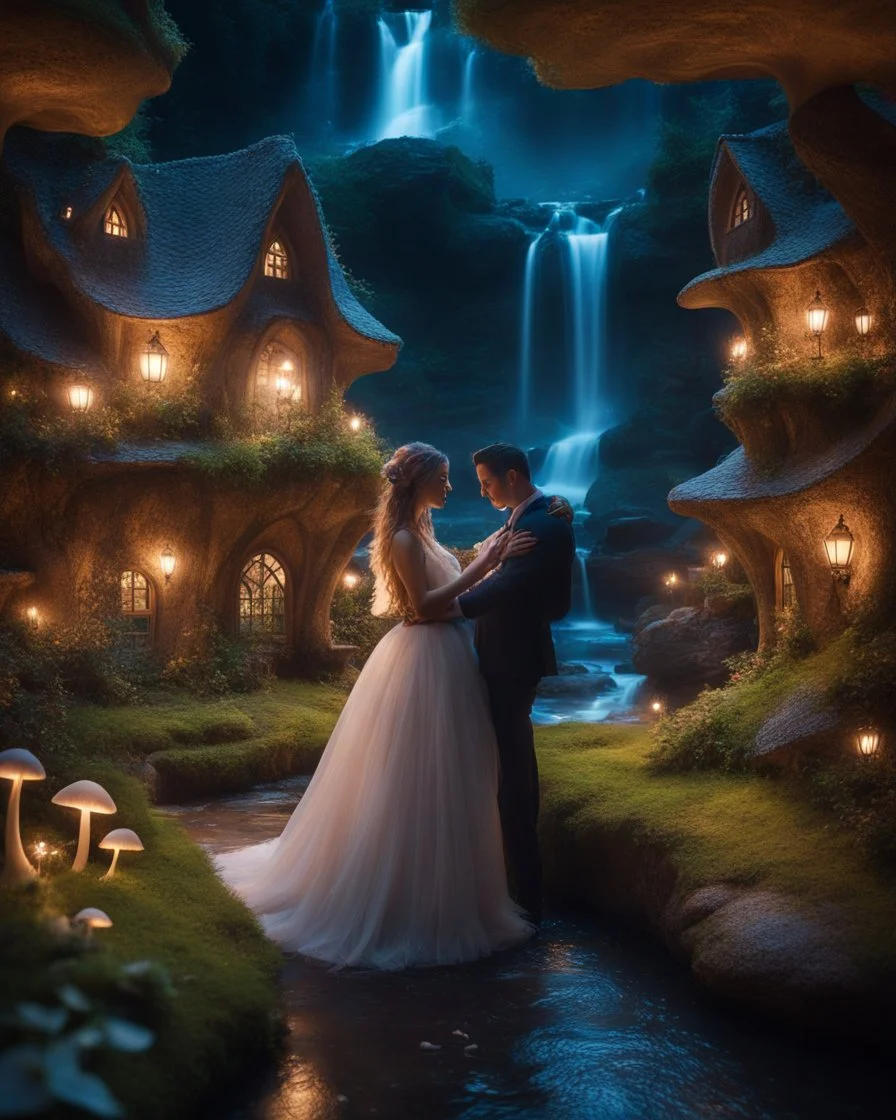 Close up Camera profesional Photography photoshoot Romance Wedding Couple Dancing in Wonderful landscape fantasy night photography art Rivendell Village, darkness midnight magical forest and houses,beautiful light lamps,mushrooms,flowrs,little waterfall,river