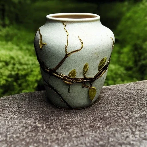 photo of a small cracked ceramic vase repaired with gold, kintsugi, garden setting, beautiful landscape photography, beautiful, vines and leaves, delicate, cinematic, high detail, beautiful composition, delicate arrangement, aesthetic, soft lighting, award winning photography, tender