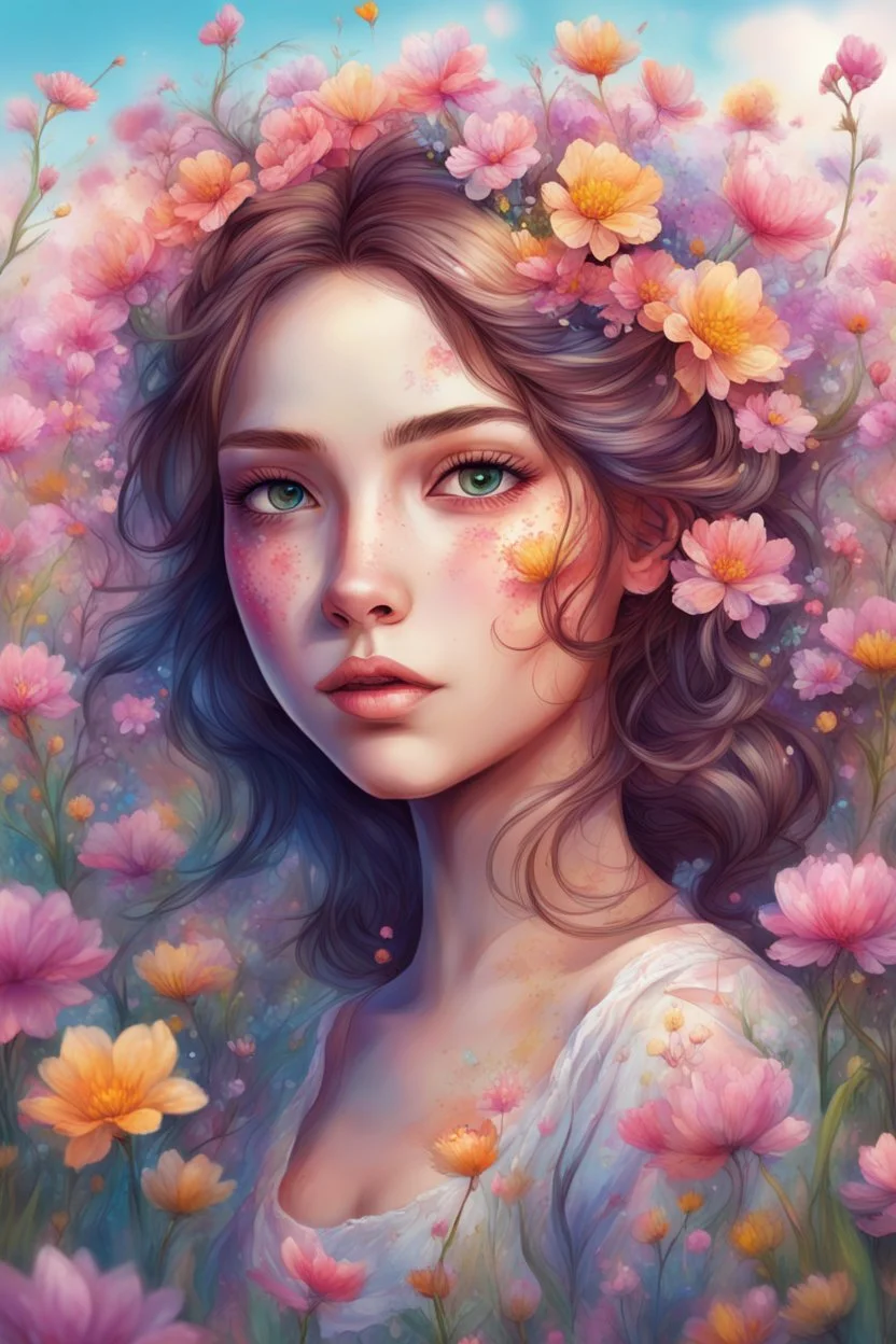 In a meadow of blossoms, she stands so fair, A girl of beauty, nature's love affair, highly detailed, pretty face, fantasy art, digital art, colored ink, 4k, vibrant colors, dream, correct face structure, correct anatomy