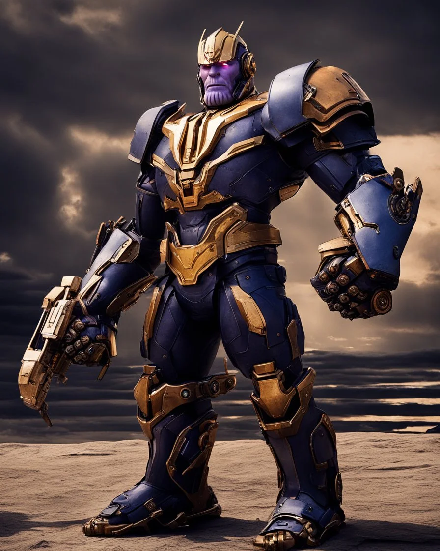 A brave robo thanos warrior with leather and metal combat clothes robotic metal with Chafee robo fighter dark