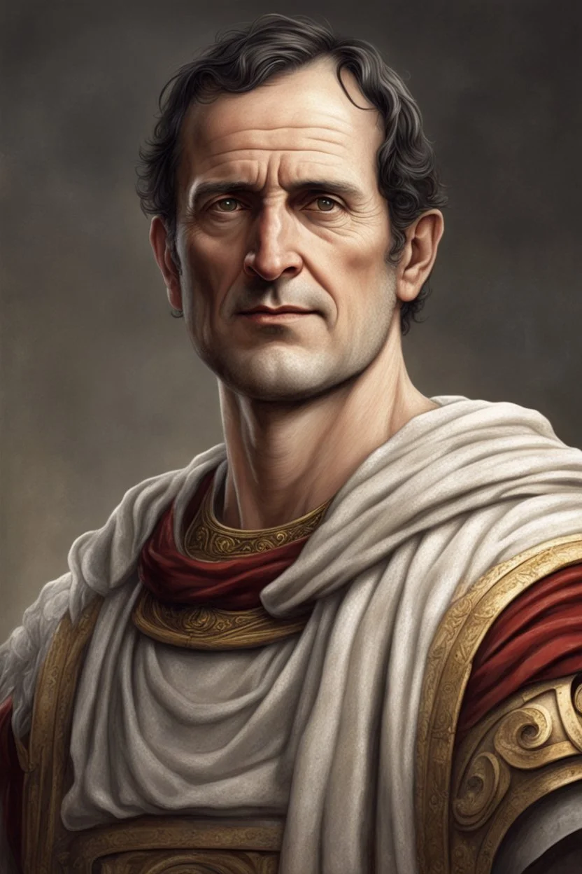 uomo di mezza età, naturalmente capelli scuri e carnagione chiara, magari se proprio vuoi dargli un segno particolare una piccola escrescenza vicino all'occhio tipo Cicerone (Se si vedono le mani il nell'anello senatoriale) vestito con abiti della roma antica