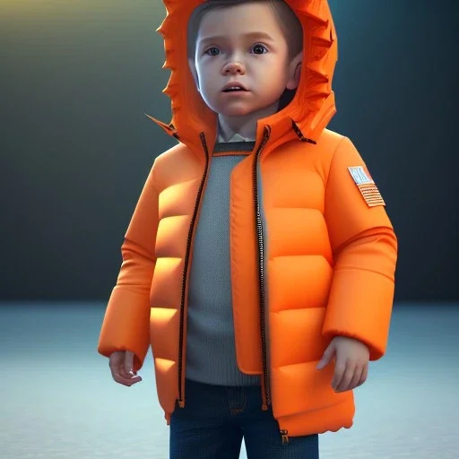 Origami, 3d render, Willem dafoe toddler, full body, orange puffer jacket, dramatic lighting, volumetric lighting, concert background, hyper realistic, unreal engine 5, 8k, UHD,