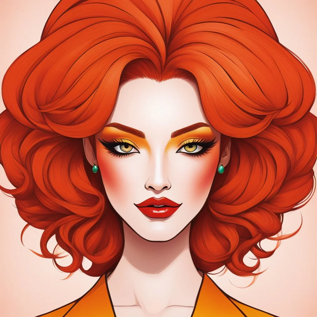 Minimalistic art representing the attitude 'SO WHAT', depicting symmetrical thin nose, ample full lips, androgynous beauty inspired by Tite Kubo's designs, hair in vibrant ginger tint, background filled with a lively, whimsical woman named Natscha from the world of magic burlesque, engaged in an intriguing interaction, art imbued with vibrant colors, featuring a classic Miss Domenica, waiting