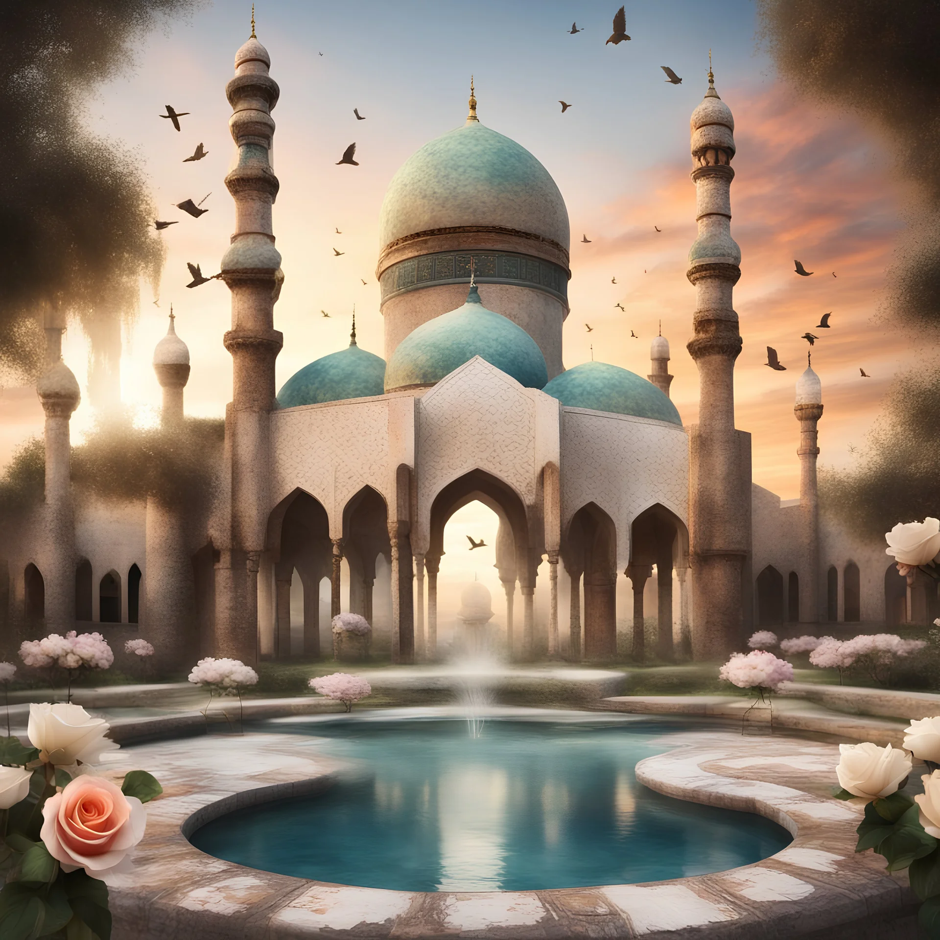 Hyper Realistic multicolor grungy rustic textured Mosque with beautiful fountain & white rose garden with beautiful sunset & birds flying