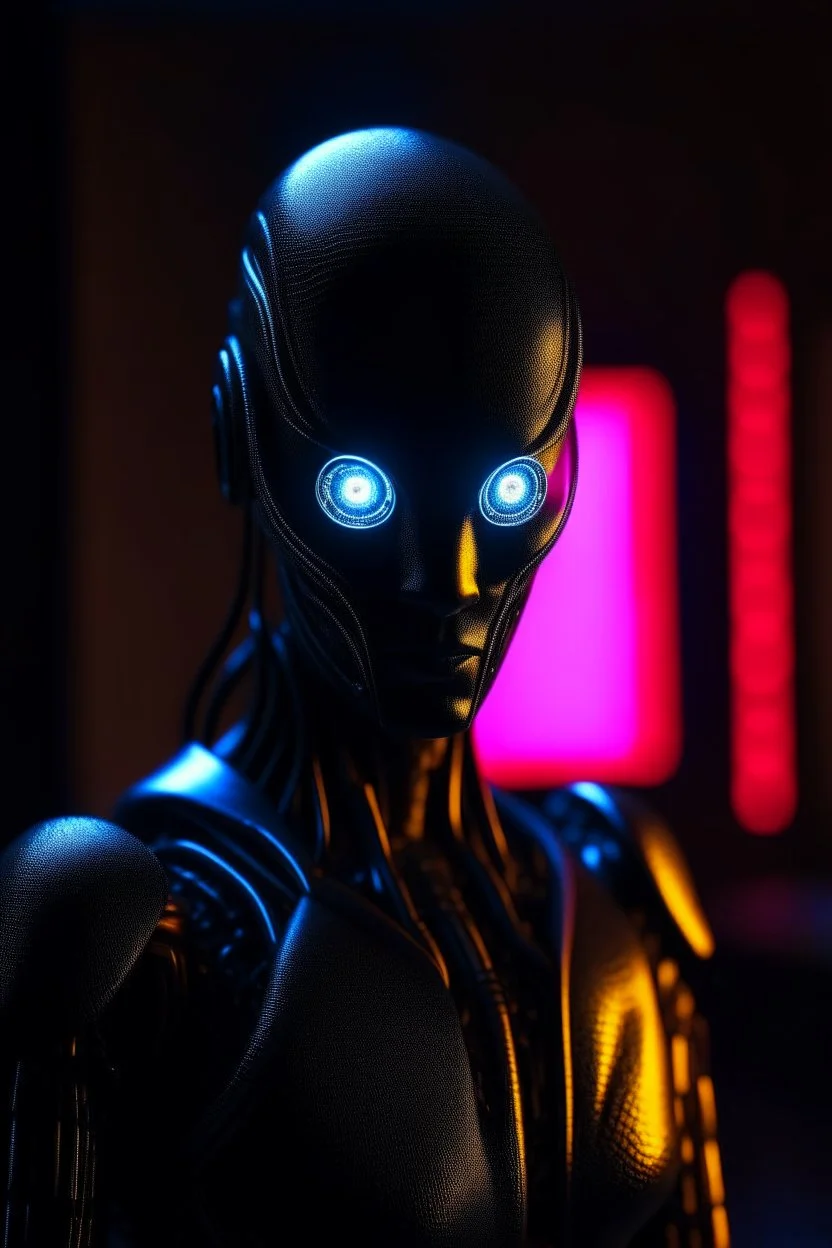 neon charcoal robot in forbidden obsidian chariot, stares at us like we are the prettiest demon it has ever seen, its such a perfect day i am glad i spent it with you, motion blur, smoke, 8k, downlight, soft light, depth of field, photorealism, trending on art station, lotsa detail