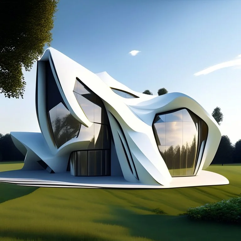 Casa campestre moderna, minimalista, estilo Zaha Hadid, cubismo realista, hiperdetallada, calidad ultra, 8k