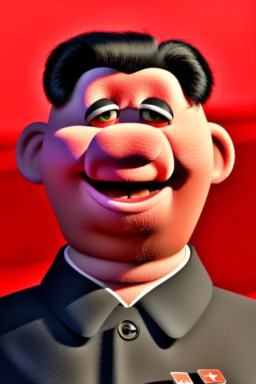 Waist up muppet Portrait, Kim Jong-un muppet doll, black suit, photo studio, red background, unreal engine 5, concept art, art station, god lights, ray tracing, RTX, lumen lighting, ultra detail, volumetric lighting, 3d.