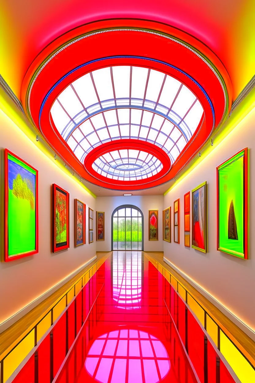 3 D-shot A hall for displaying art paintings. The walls are oval-shaped, and there is an oval wall in the middle of the hall, to divide the hall into two parts, and the paintings are hung on the walls, and the walls are made of glass.