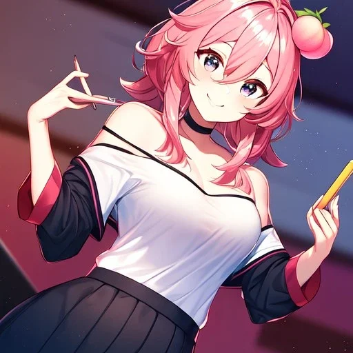 Clear focus, High resolution, a anime adult, cute, cartoony style, smiling, hair between eyes, holding a pencil, small forhead, female, medium length hair, long locks, lots of bangs, teacher, wearing a off shoulder shirt, no spaghetti straps, peach hair colour, kitsune ears down