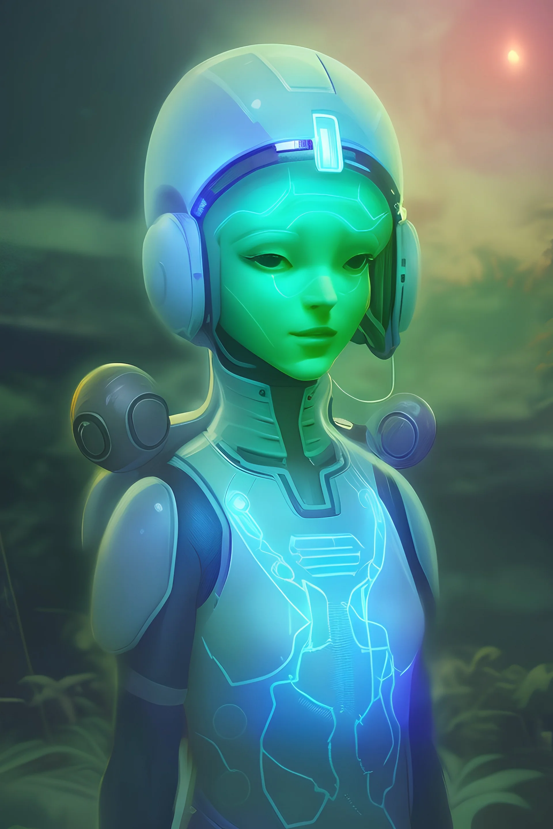 🔬 Bioluminescent blue alien astronaut in a cyberpunk astronaut suit dancing among the water droplets on a beautiful green leaf.