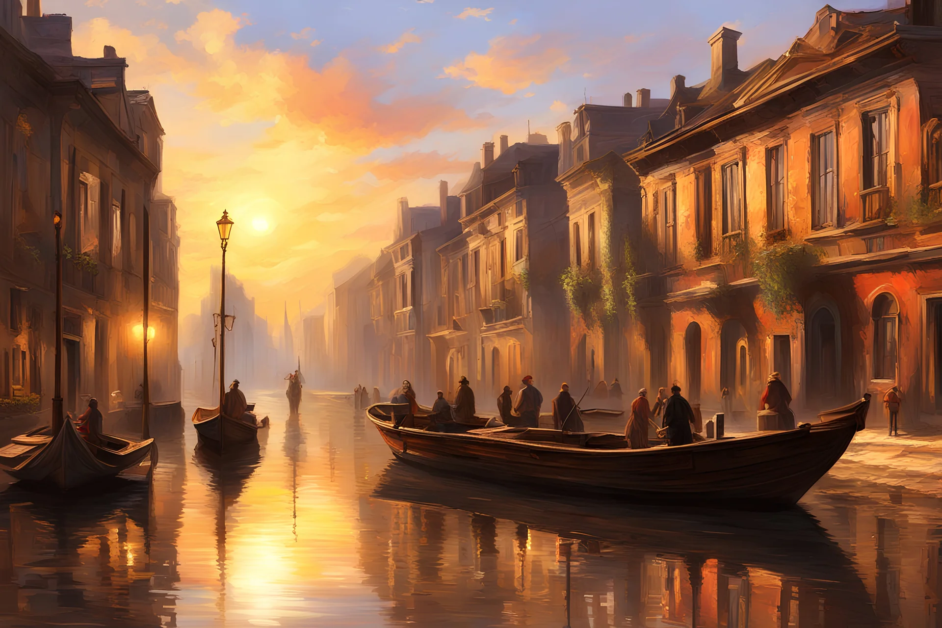 Landscape, sunrise, bright, old buildings, reflections, street lights, people on lit boats, digital painting in style of bierstadt